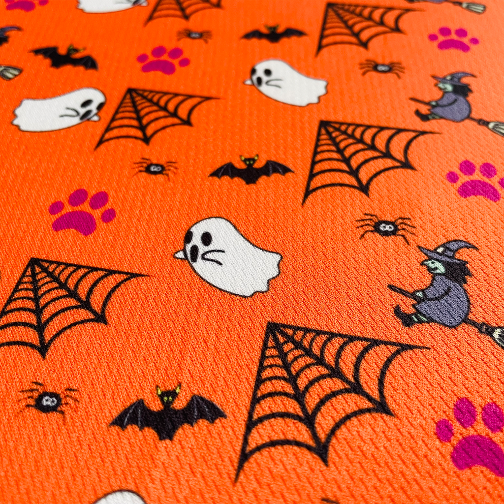 Halloween Dog Bandana Orange Fabric with Ghost, Bats, and Spiderweb Print