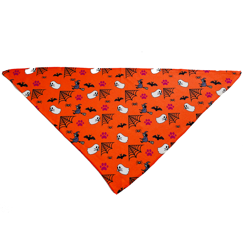 Orange Halloween Dog Bandana with Ghosts, Bats and Spiderwebs